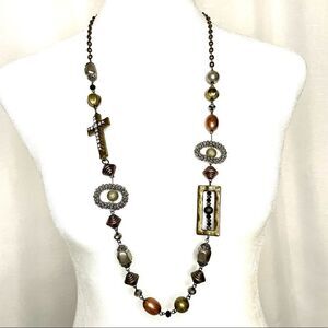 Cross Necklace Copper Silver Gold Toned Beaded Long